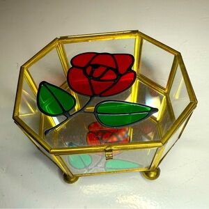 ROSALCO Vintage Brass Glass Mirrored Rose Trinket Jewelry 8 Sided Footed Box.